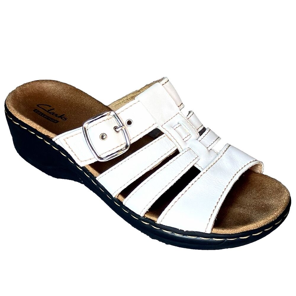 Clarks Collection Leather Sandals Mule Buckle 8.5 White Strappy 16724 Wedge
